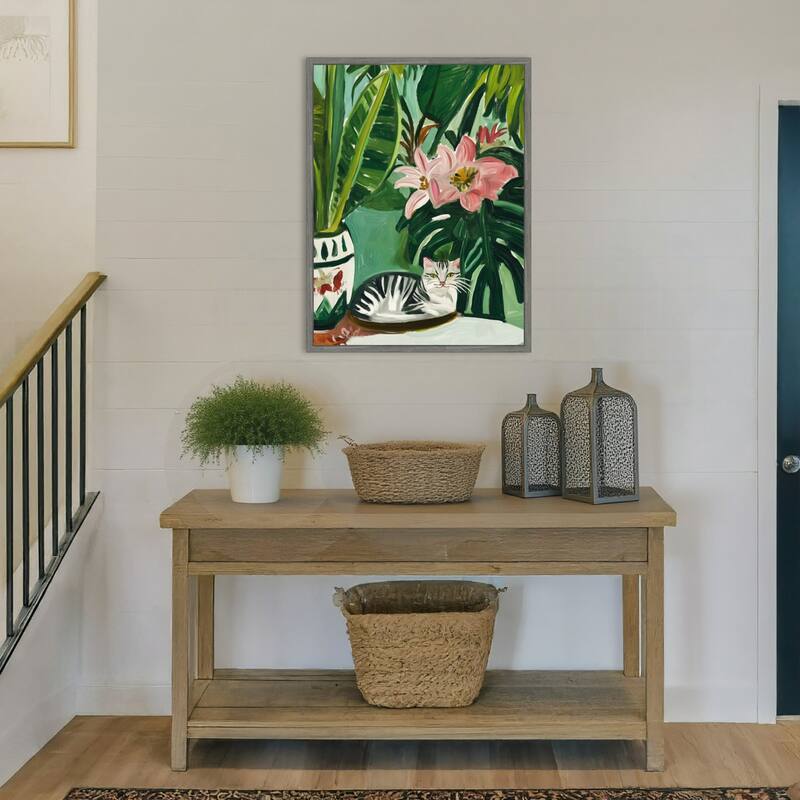 Tropical Muse With Cat by Mowzu Framed Canvas Wall Art