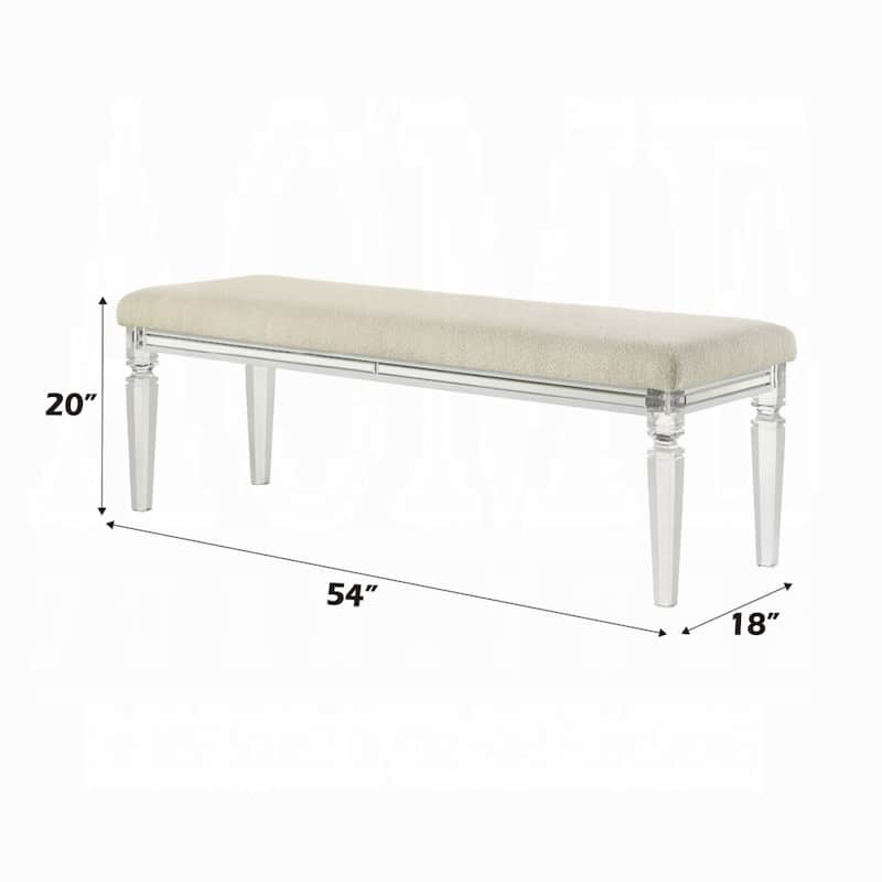 Rara Bench, Beige Padded Seat, 54 Inch Clear Tapered Acrylic Legs