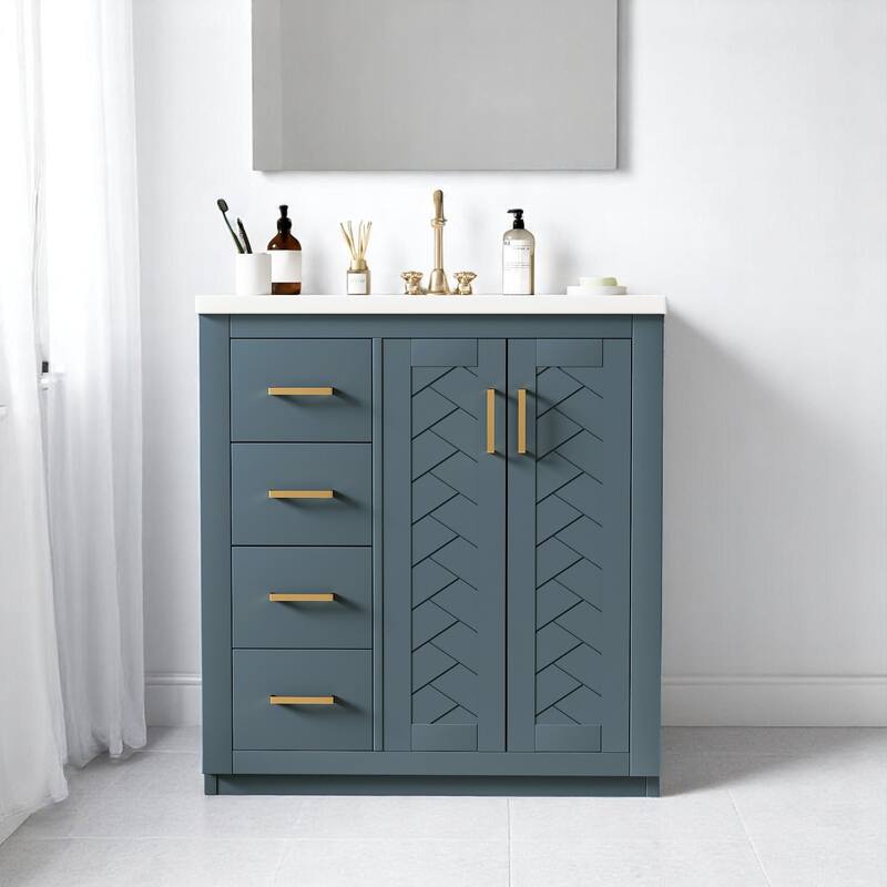 30'' Bathroom Vanity with Sink, Solid Wood Frame, 3 Drawers & 2 Soft-Close Doors, Freestanding Cabinet - Blue