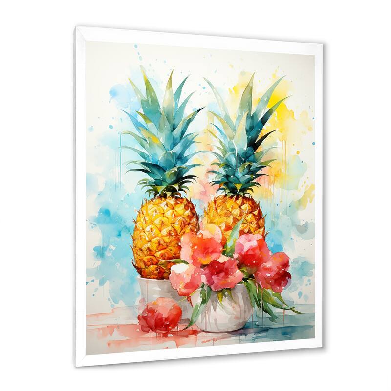 Designart "Aquarel Pineapple Painting" Pineapples Wall Decor Green - Traditional Living Room Framed Canvas Art