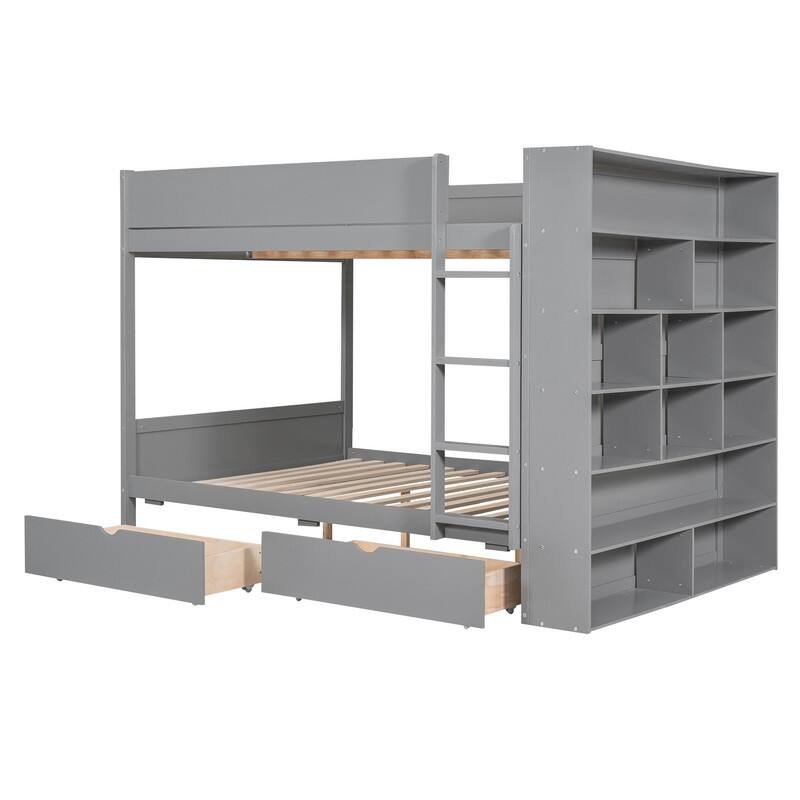 Full over Full Bunk Bed With 2 Drawers and Multi-layer Cabinet, White