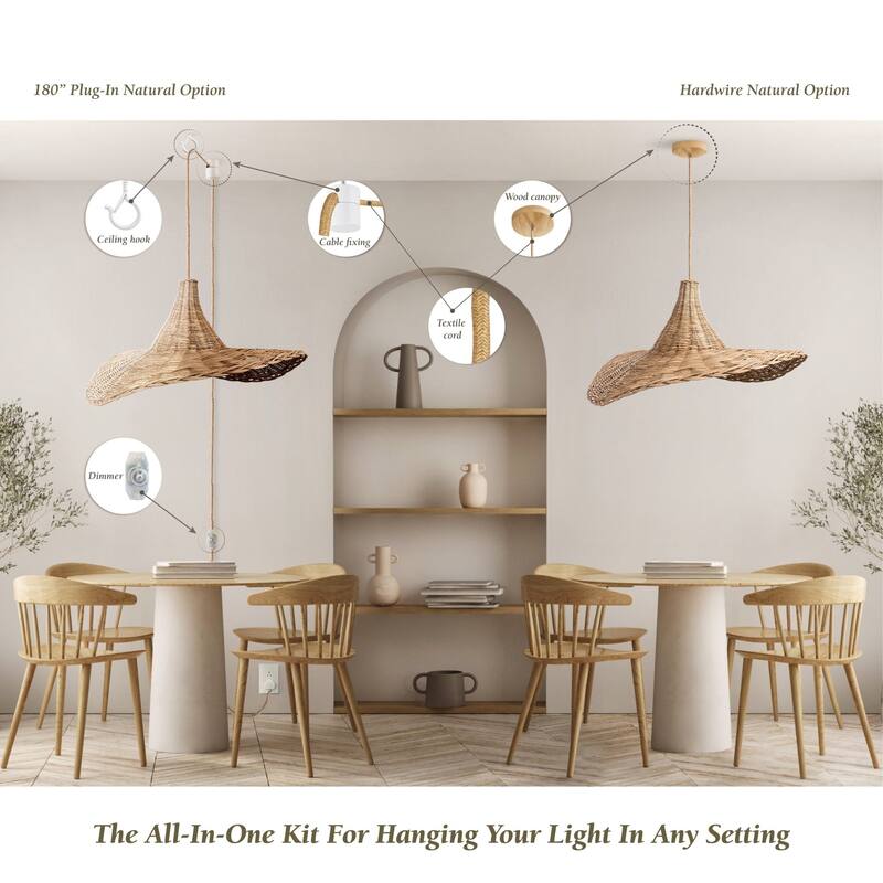 Zen Rattan Pendant Light Natural Medium Sculptural Handwoven Hanging Light For Modern, Transitional, Farmhouse, Boho Room Decor