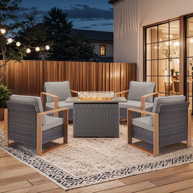 Pocassy Fire Pit Table with Outdoor Sofa Chair Ottoman Set - Brown Wicker Gray Cushion - 5-Piece Patio Chair with Rectangle Fire Table