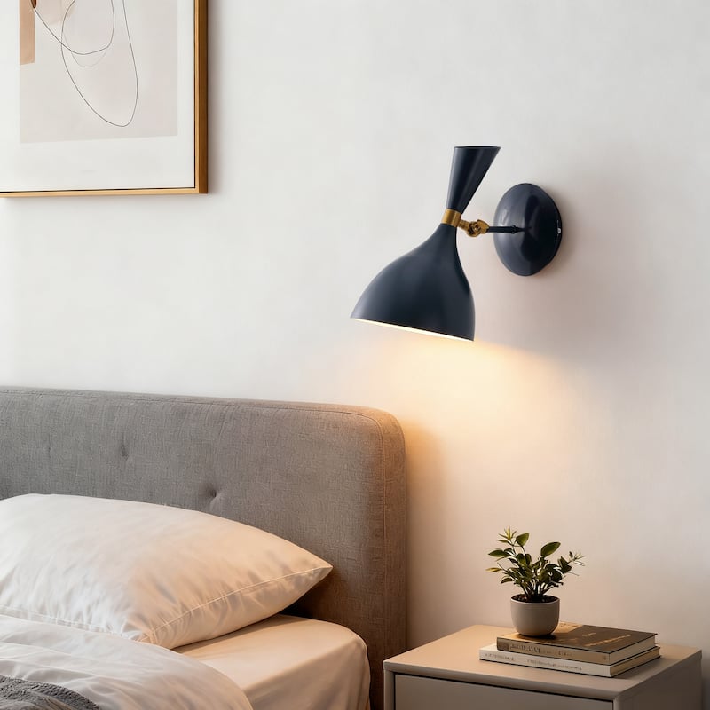 Josef 10" Iron Retro LED Wall Sconce, Black by JONATHAN Y - One - Navy/Brass Gold