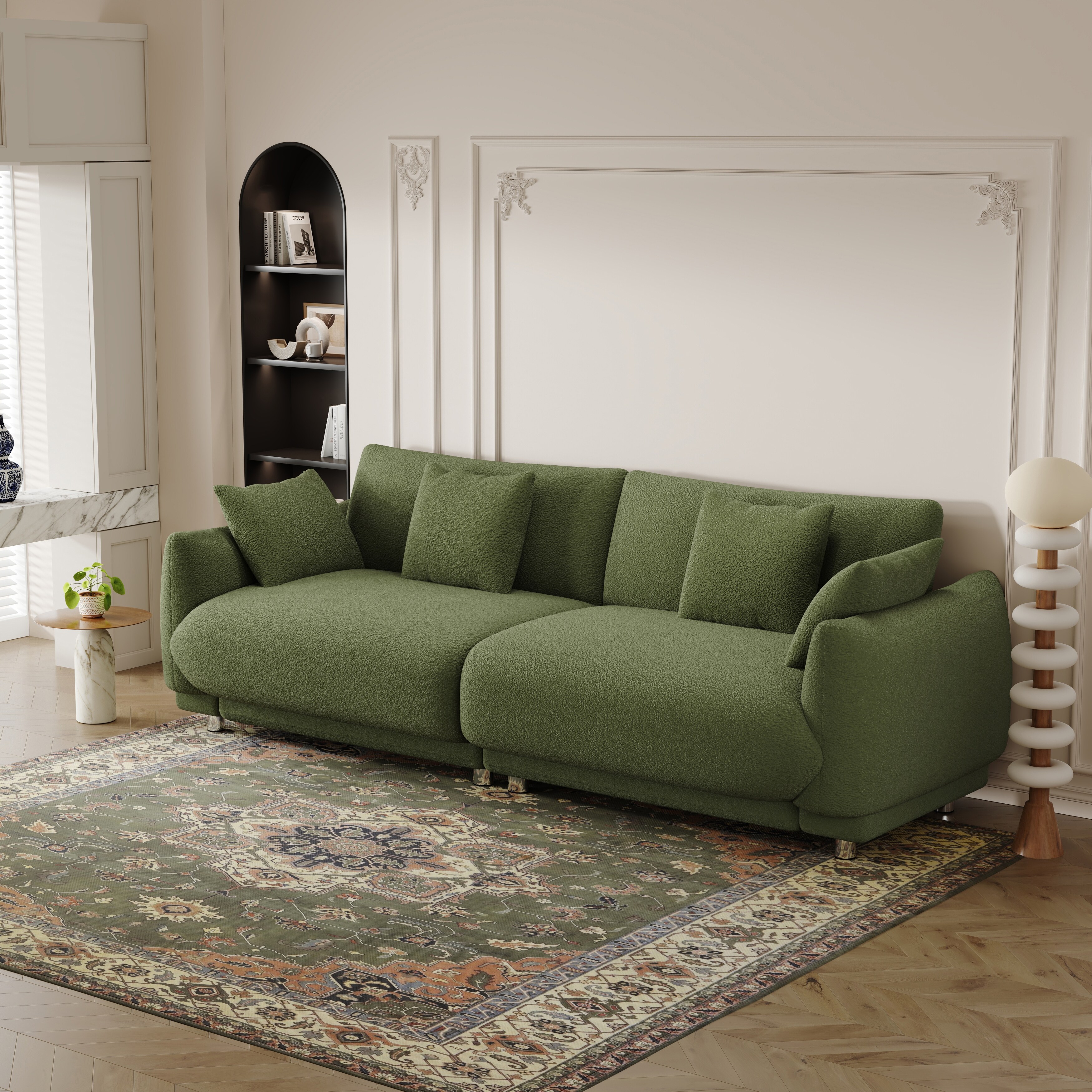 teddy wool beige sofa with four throw pillows Green