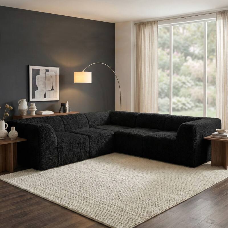 Furniture of America Ylena Modern 5-Piece Faux Fur Foam Modular Compressed Sectional Sofa - Black