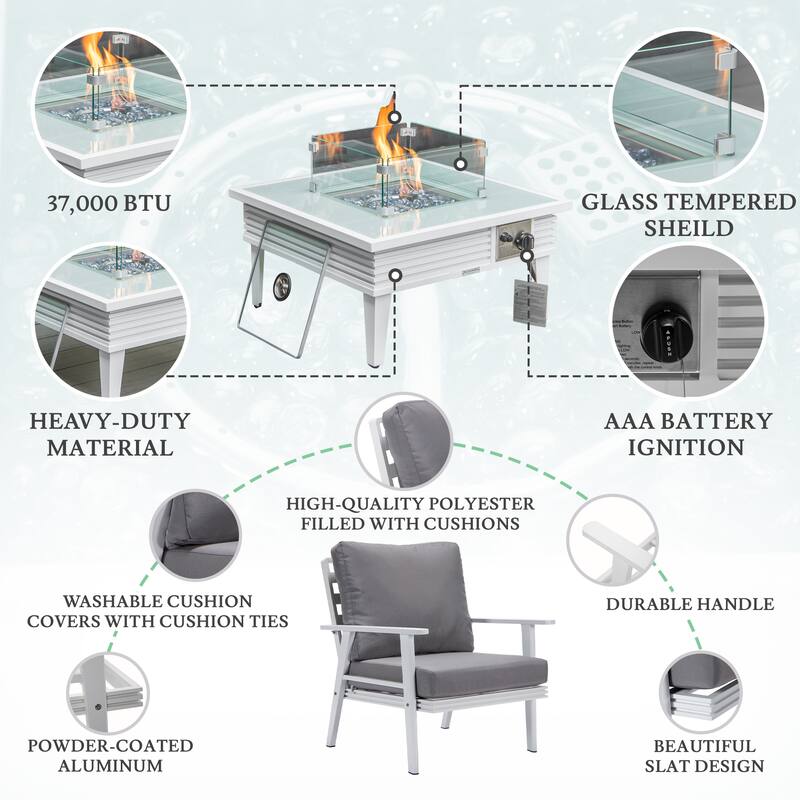 Walbrooke Polyester Upholstered Aluminum Powder Coated Outdoor Patio Furniture Set with Fire Pit Table