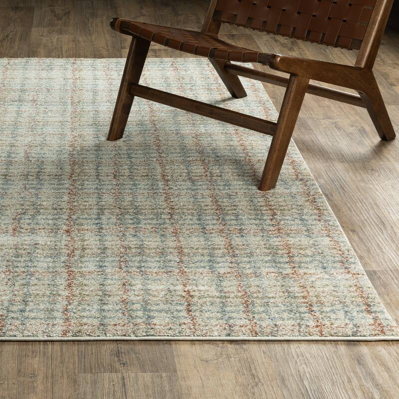 ROW Gemma Distressed Plaid Area Rug - Blue/Rust - 9'10" x 12'6"