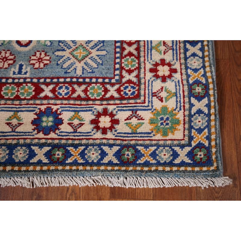 Light Blue Kazak Oriental Runner Rug Handmade Geometric Wool Carpet - 2'7" x 12'7"