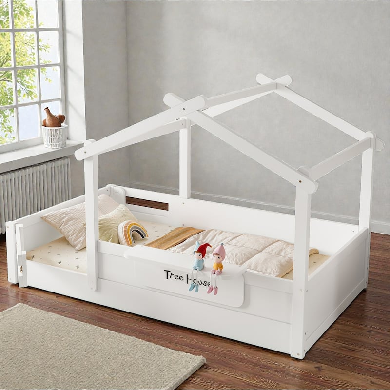 Kids House Floor Bed with Guardrails and Roof, Built-in Tray and Signboard, Montessori Floor Bed for Toddlers