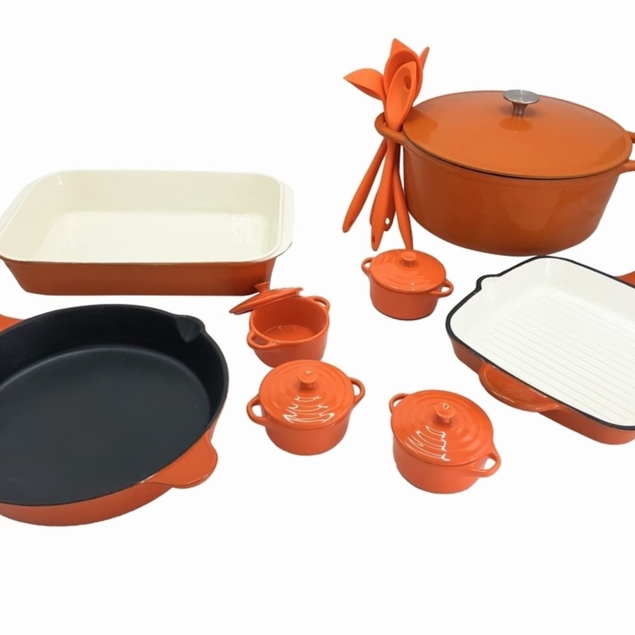 Cast Iron Cookware Set of 8 With Enamel Coating - Hob & Oven Safe - Orange