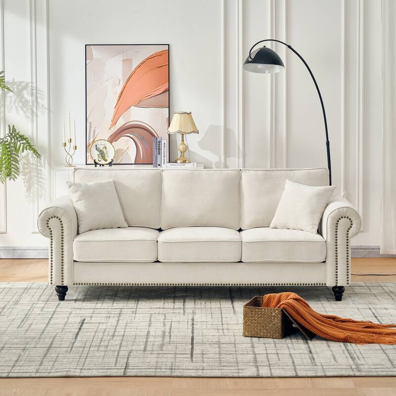Living Room Deep Seat Rolled Arms Sofa Chenille Upholstered 3 Seater Couch with Wood Legs, Nailhead Trim and Pillows - Beige