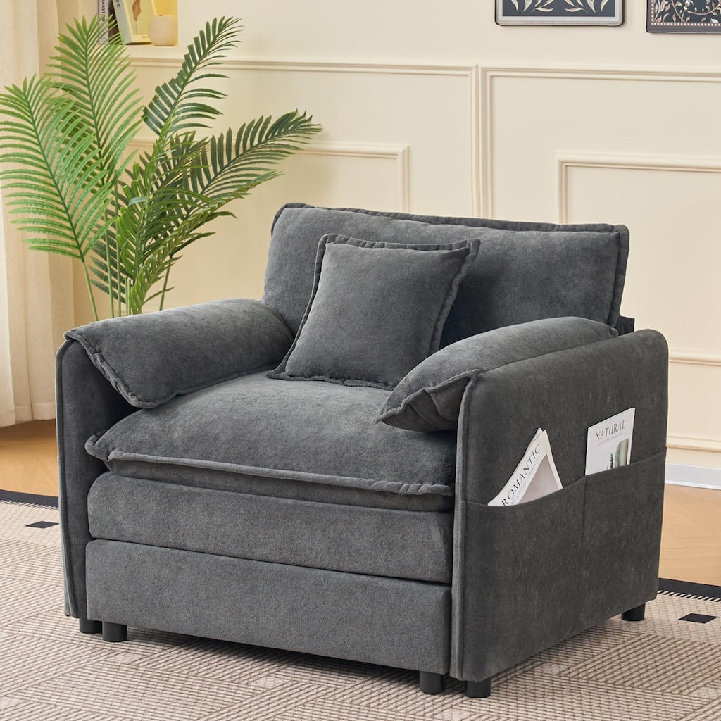 Anmytek Oversized Modern Grey Chenille Armchair with Toss Pillow and Deep Seat