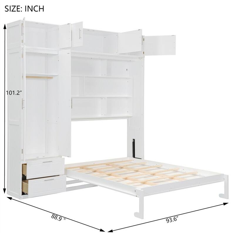 Queen Size Murphy Bed Wall Bed with Top Cabinet and Wardrobe, Space Saving Folding Murphy Cabinet Bed with 2 Drawers and Shelves