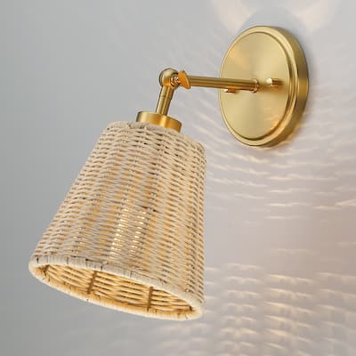 1-Light Brass Boho Natural Rattan Hardwired Wall Sconce with Adjustable Swivel Swing Arm - 7.1 in. W