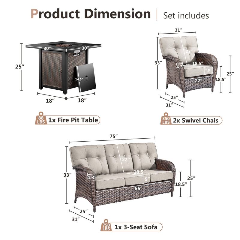 Pocassy Outdoor 30 In Fire Table with Sofa Patio Chair Set