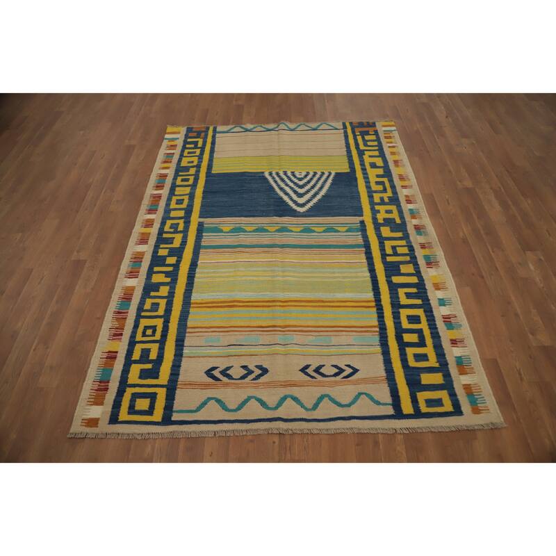Hand Woven Oriental 100% Wool Carpet Southwestern Tribal Multi-Colored Kilim Area Rug - 6' 6'' X 4' 10''