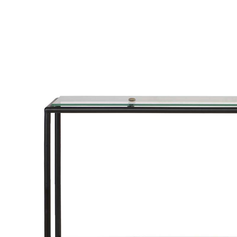 Beny Sofa Console Table, 48 Inch Glass Top, 1 Shelf, Modern Black Iron