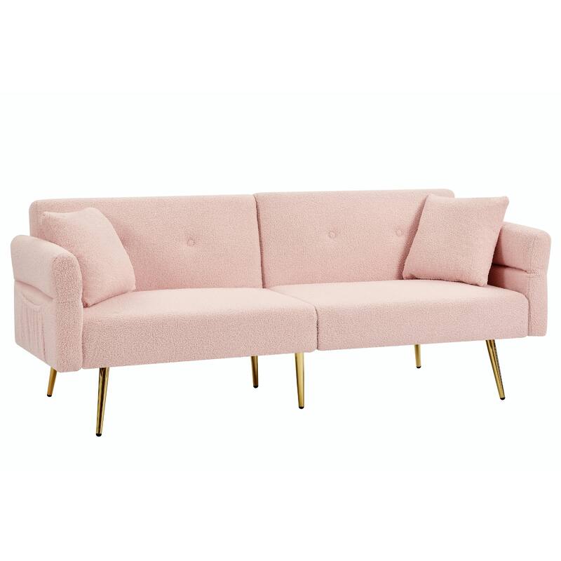 Modern Loveseat Sofa Bed - Teddy Upholstery with Side Pocket - Pink