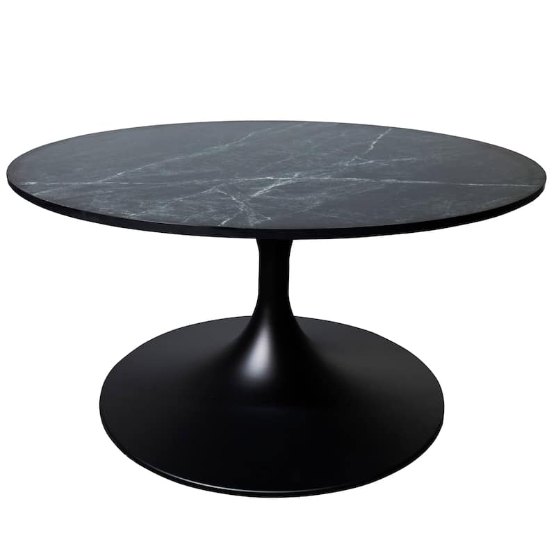 LeisureMod Verve 27" Round Coffee Table with MDF Wood TableTop and Black Steel Base for Living & Bedroom - Black Marble