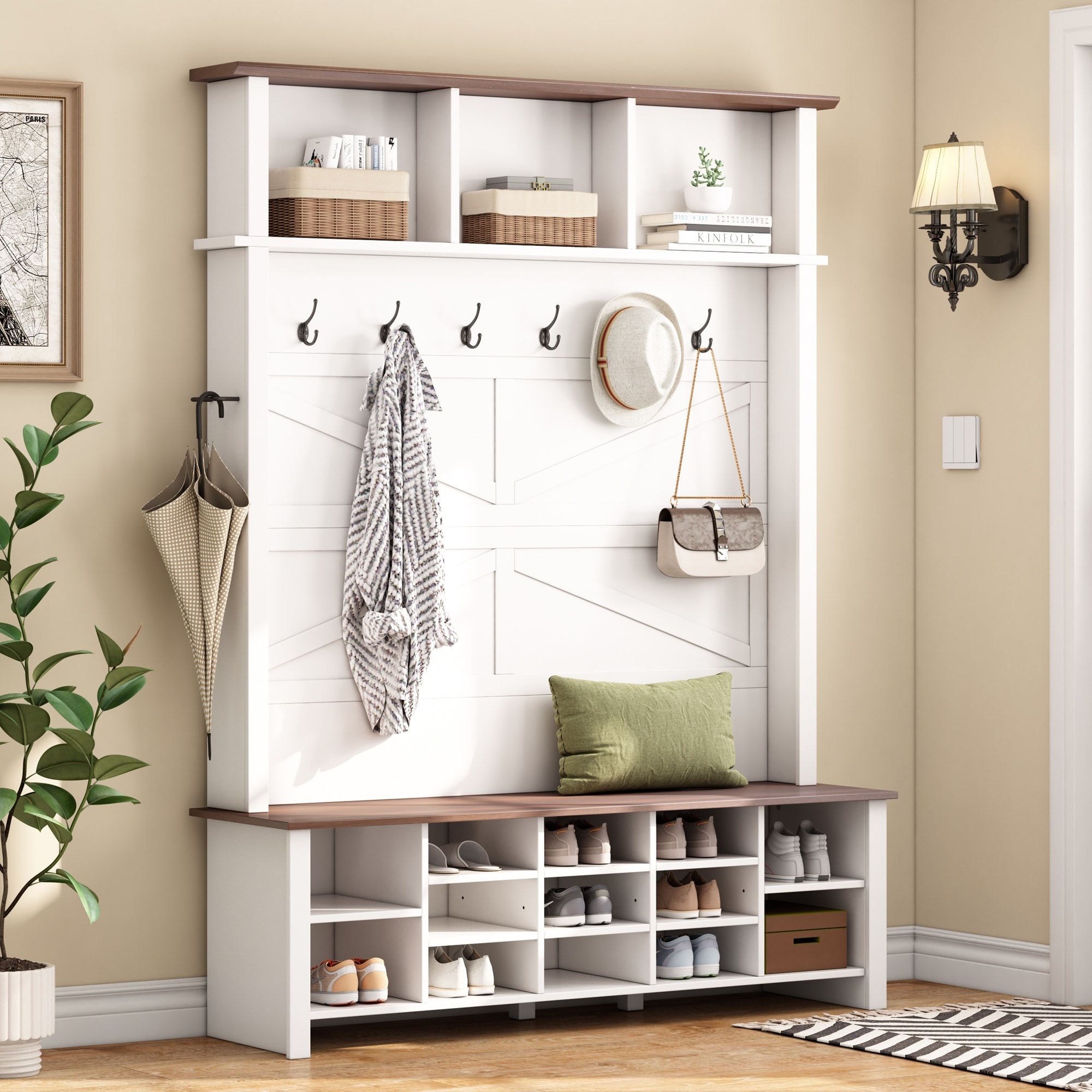 Farmhouse 4-in-1 Hall Tree with 6 Hooks, Entryway Bench with Adjustable Shelves