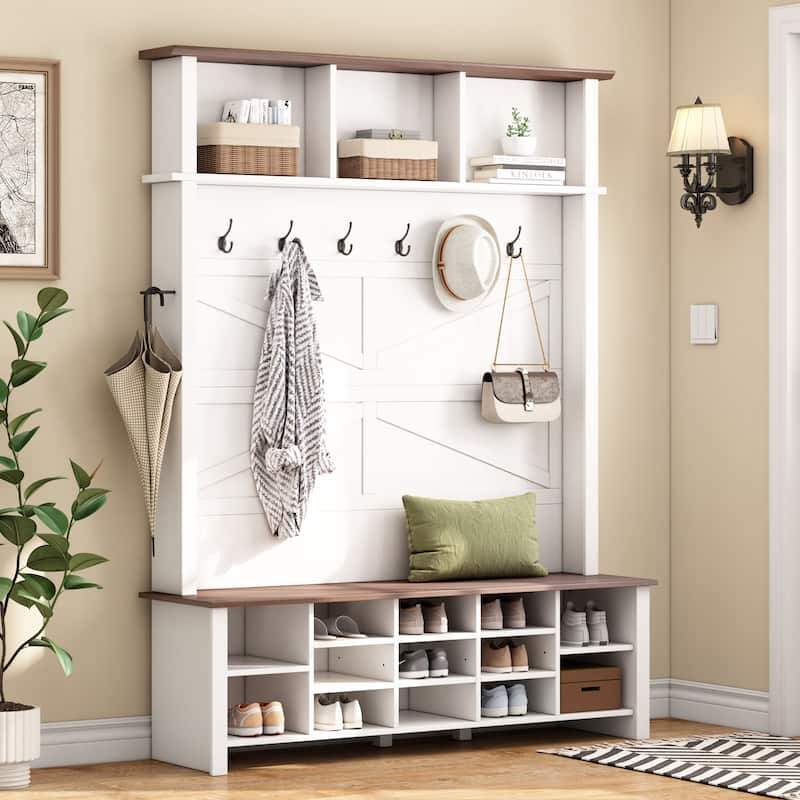 Farmhouse 4-in-1 Hall Tree with 6 Hooks, Walnut Entryway Bench with Adjustable Shelves & 16 Open Compartments