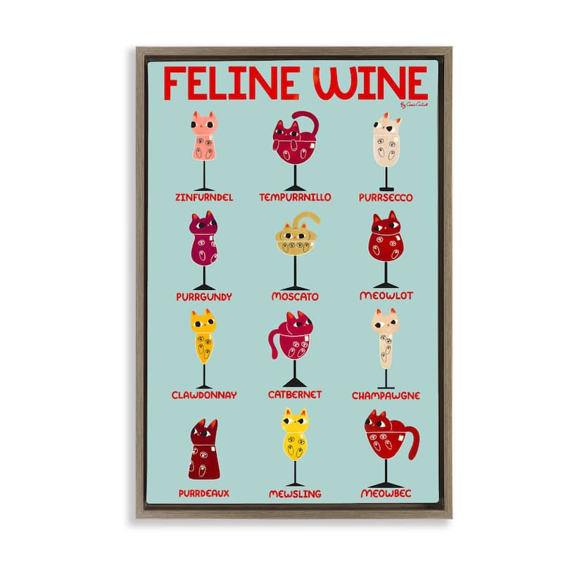 Stupell Clever Feline Wine Drinks Framed Floater Canvas Wall Art Design By Carrie Cantwell - 21 x 31 - Brown