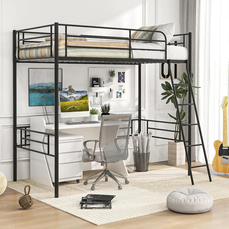 Twin Size Loft Bed Metal Loft Bed Frame w/Ladder & Safety Guardrail
