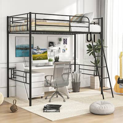 Twin Size Loft Bed Metal Loft Bed Frame w/Ladder & Safety Guardrail