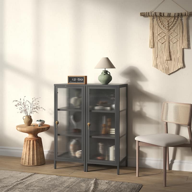 Benoite 40.02-inch Black One Door Metal Storage Cabinet with Fluted Clear Door and Gold Handle - 40.02