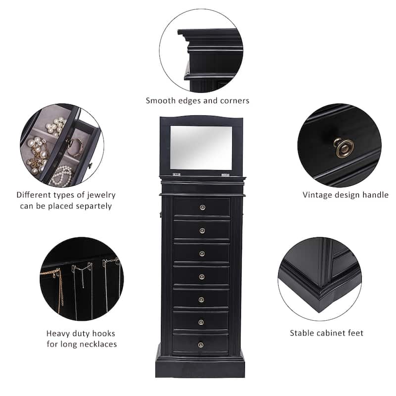 Jewelry Armoire with Mirror, 7 Drawers & 24 Necklace Hooks