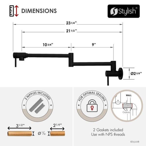 dimension image slide 1 of 2, STYLISH Asti Two Handles Wall Mount with Single Hole Pot Filler