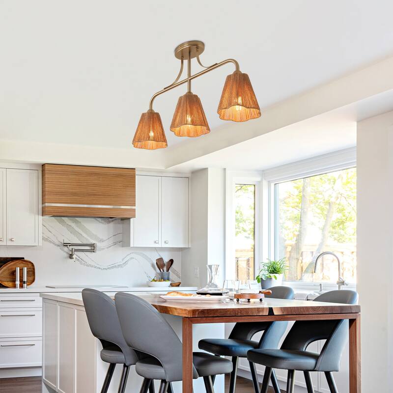 Bohemian Brown Paper Rope Shade 3-Light Gold Linear Chandelier Light