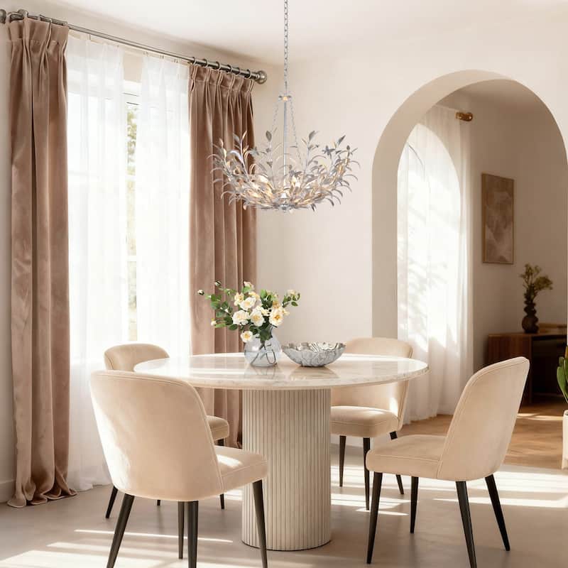 Modern Vintage 6-Light Silver Chandelier Handcrafted Silver Foil Antique Leaf & Butterfly Ceiling Light