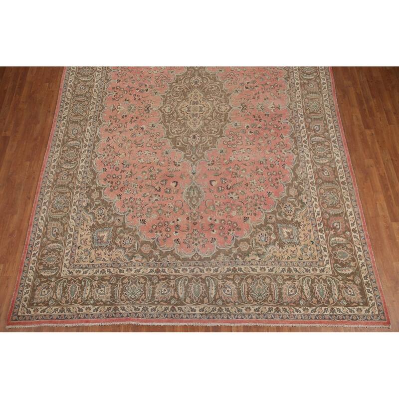 Hand Knotted Oriental 100% Wool Carpet Traditional Floral Pink Mashad Area Rug - 13' 0'' X 9' 7''