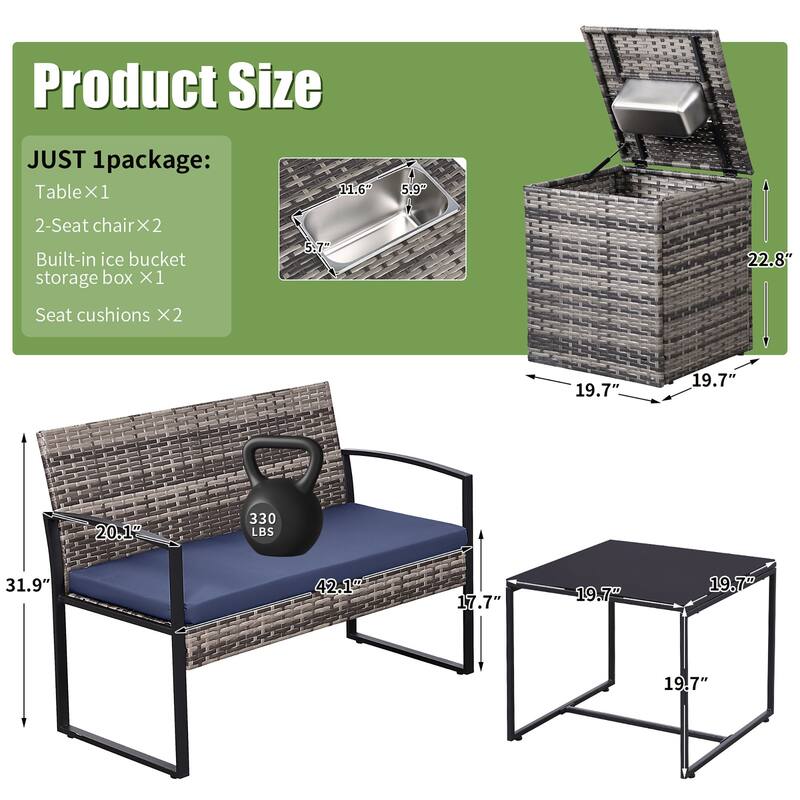 4-Piece Wicker Outdoor Sofa Set, 2 Loveseats, 1 Table, 1 Ice Bucket