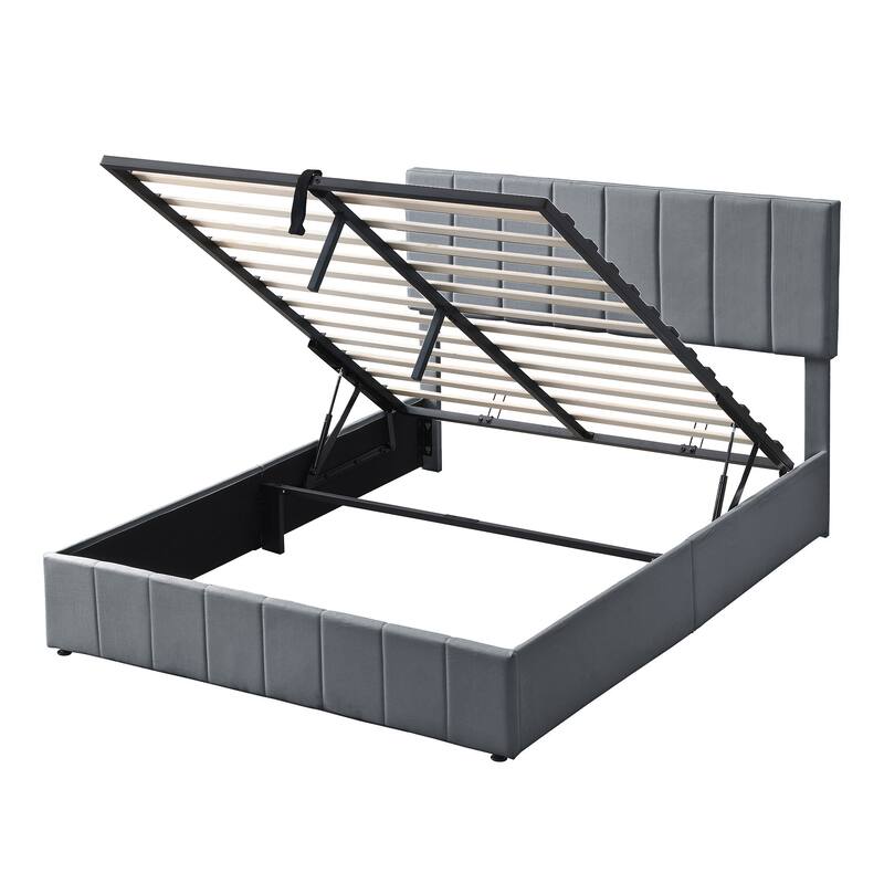 Linen Upholstered Bed Low Profile Platform Bed Storage Bedframe with Hydraulic Storage System, Headboard and Slats Support