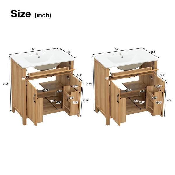 dimension image slide 0 of 6, Natural Oak Bathroom Vanity with Ceramic Sink Solid Wood MDF Storage Cabinet for Bathroom 24/30/48/60 inches