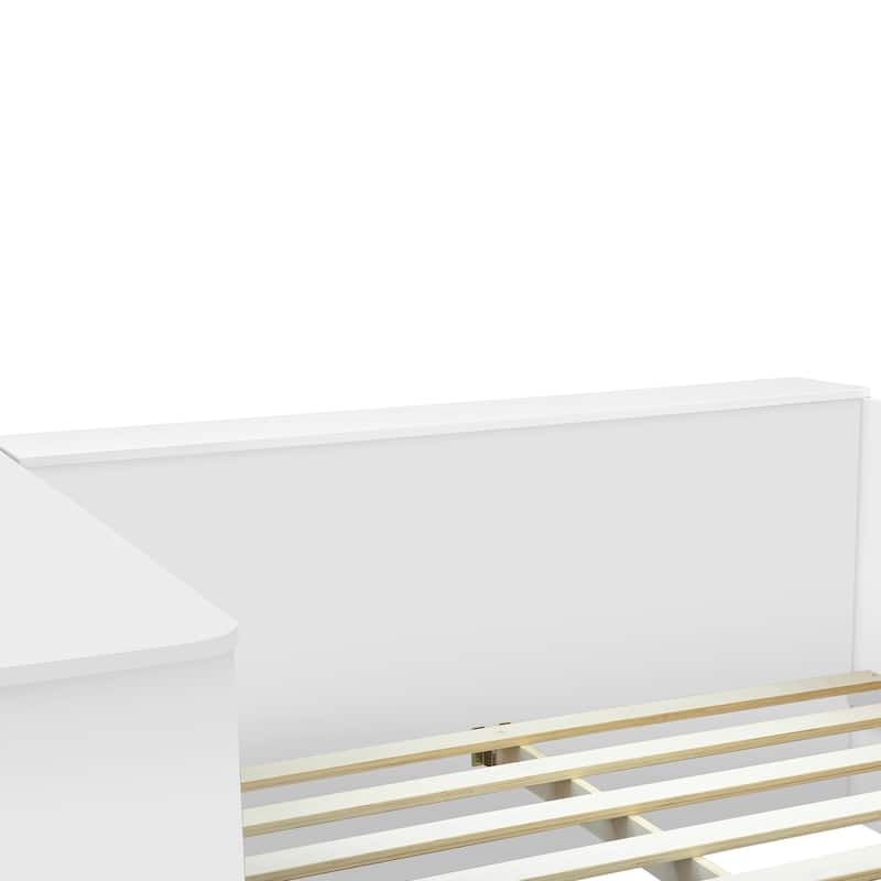 Full Size White Wooden Platform Bed with Storage, Desk, and Wardrobe