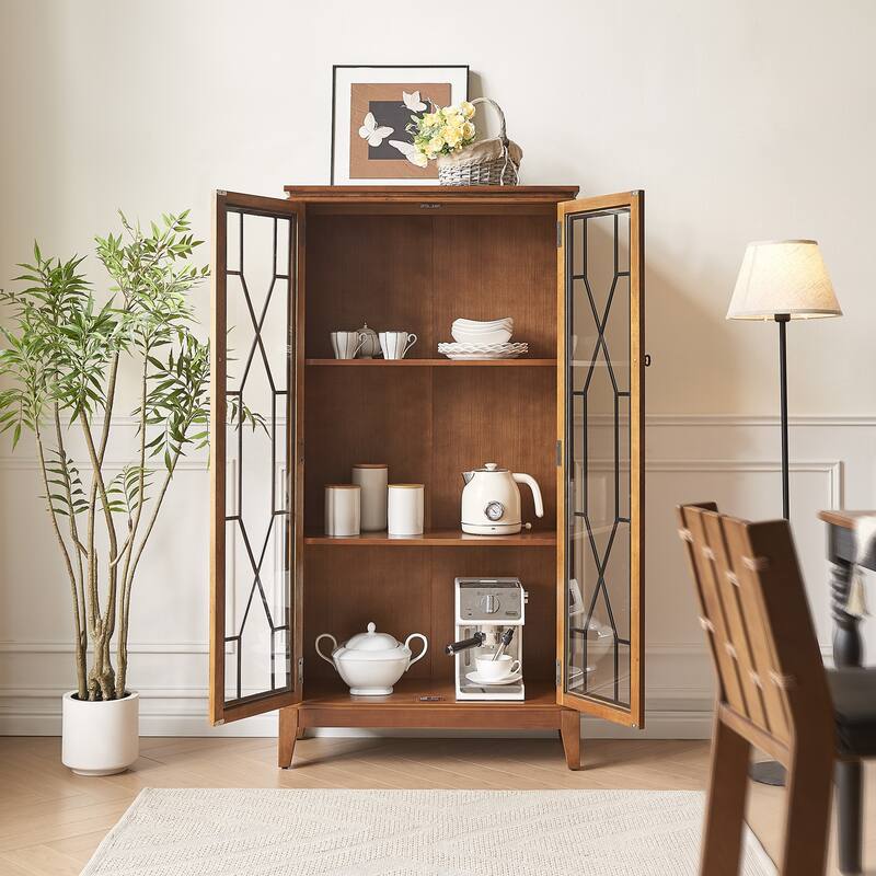 Morden Fort Living Room Wooden Tall Storage Cabinet with Glass Doors
