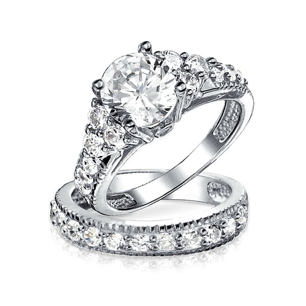3CT Brilliant Solitaire Cubic Zirconia 925 Sterling Silver AAA CZ Anniversary Wedding Engagement Ring Pave Band Set. Opens flyout.