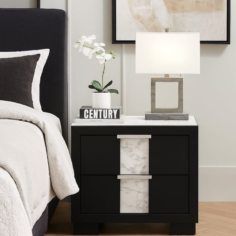 Amey 2 Drawer Nightstand, White Marble Trim, Black Wood