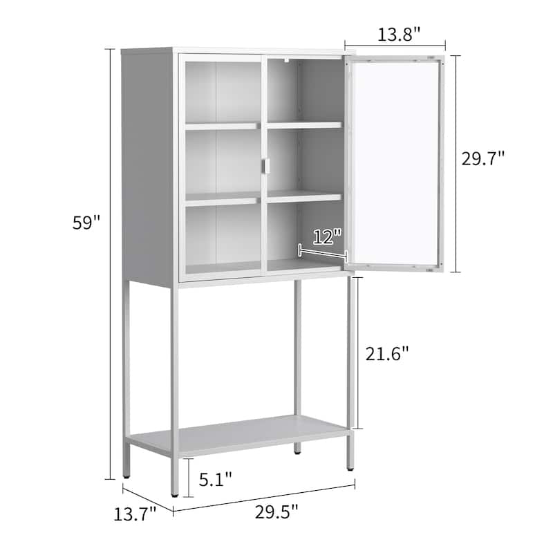 59"H Metal Storage Cabinet,Display Storage Cabinet with Glass Doors and 2 adjustable Shelves,Tall Bookcase Bookshelf Cabinet