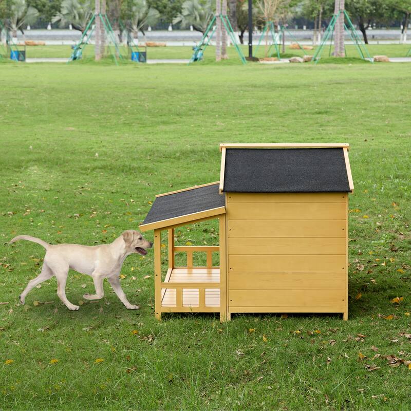 Dog House, Waterproof Dog Cage Kennel, Wooden Outdoor and Indoor Dog House, Log Cabin Style with Porch,Elevated Floor, 2 Doors