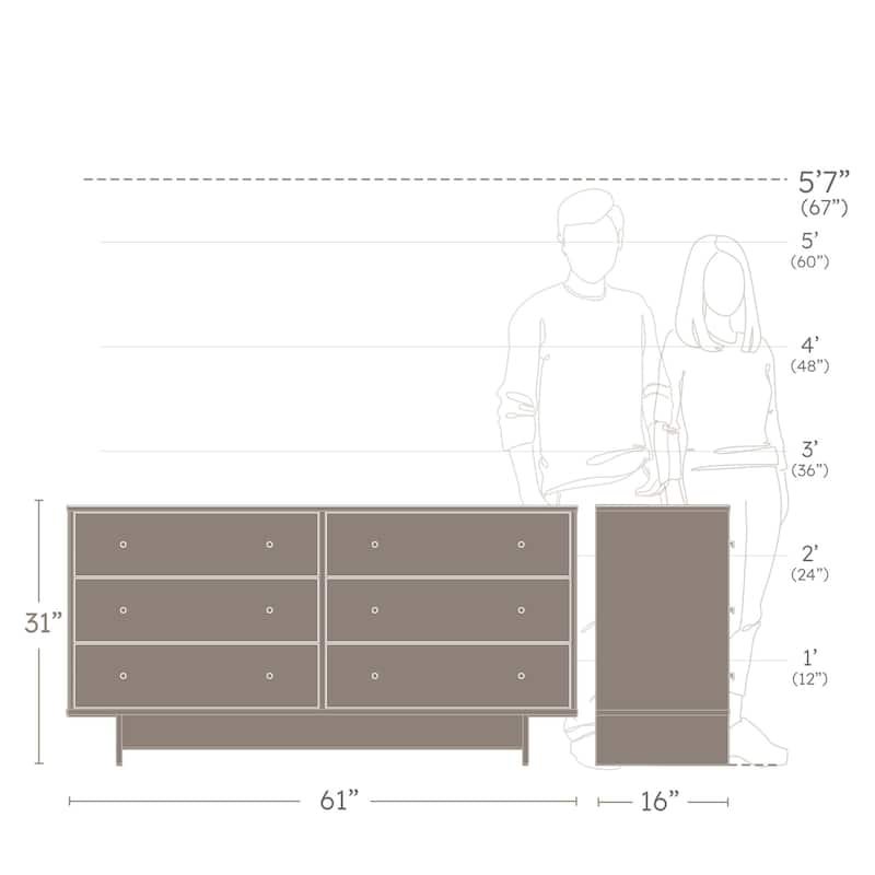 Prepac Finnley 6-Drawer 61" W Dresser, Modern Clothing Organizer for Home, Bedroom, Living Room