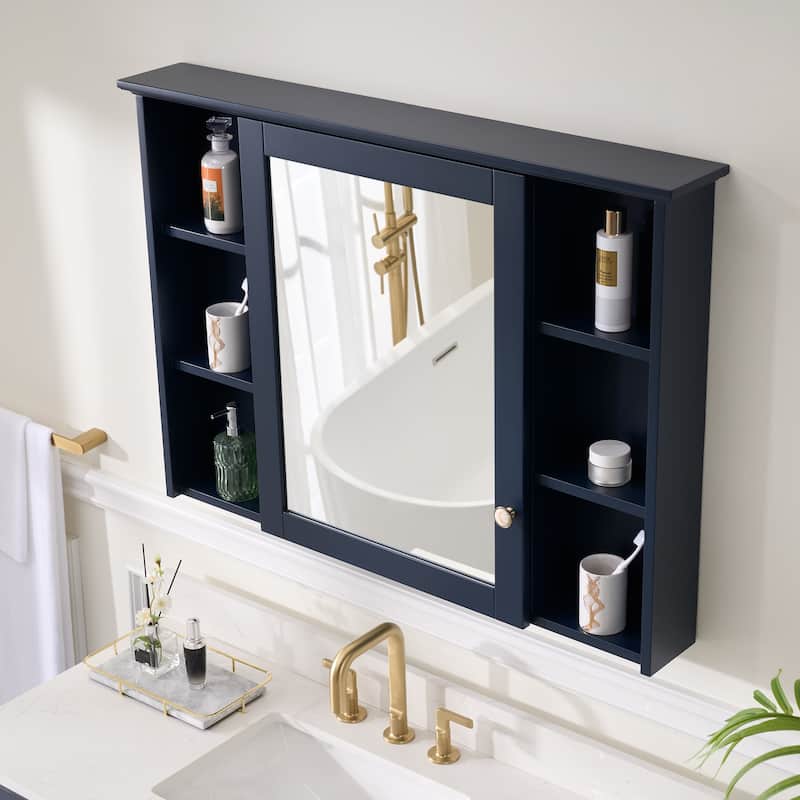 Modern Surface Mount Solid Wood Framed Medicine Cabinet With Mirror and Shelves