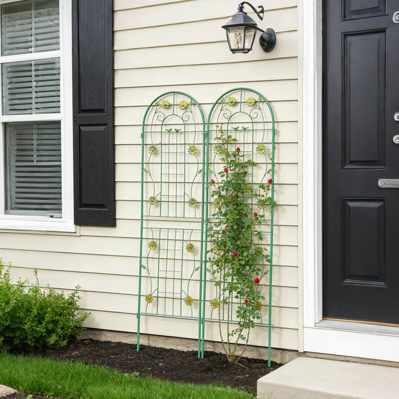 Anmytek Decorative Metal Garden Trellis Set of 2 with Arch Top Daisy Motifs Green Weather Resistant Climbing Plant Support