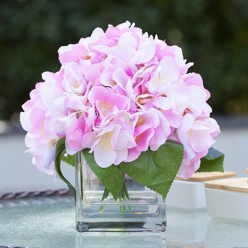 Enova Home Artificial Silk Hydrangea Fake Flowers Arrangement in Cube Glass Vase with Faux Water for Home Office Decoration