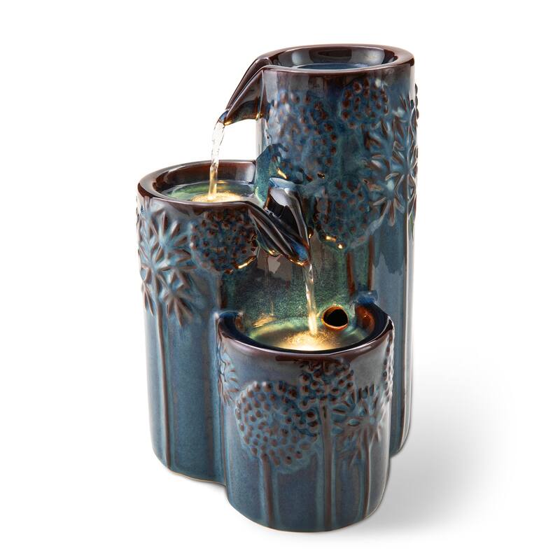 Glitzhome 10"H 3-Tier Turquoise Ceramic Tabletop Fountain with Pump and LED Light
