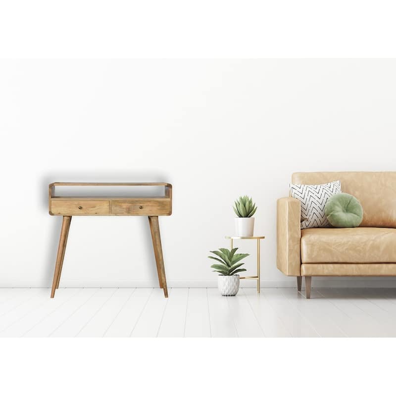 Artisan Furniture Solid Wood Curved Oak-ish Console Table,2 Drawers, 1 Shelf